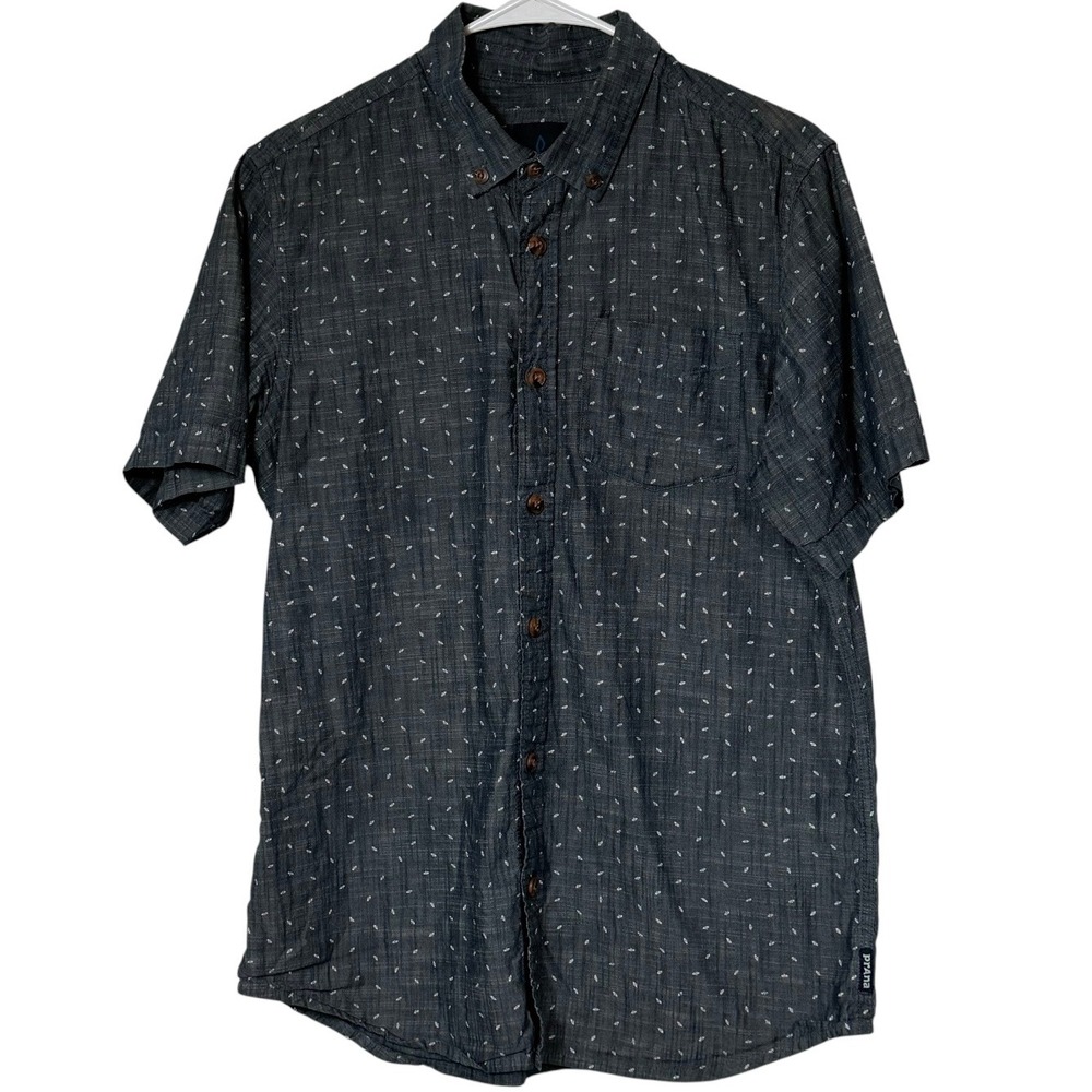 Prana Mens Short Sleeve Button Down Shirt Blue Geometric Print Medium Pocket